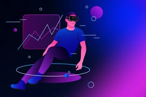 Economics in Metaverse. Data Graph, Man in Goggles, Isometric Illustration Stock Illustration