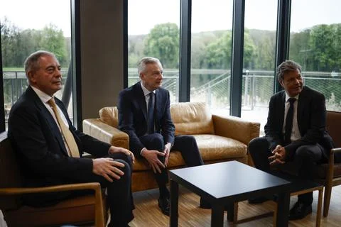 Economy Ministers of France, Germany and Italy meet near Paris, Meudon - 08 Apr  Stock Photos
