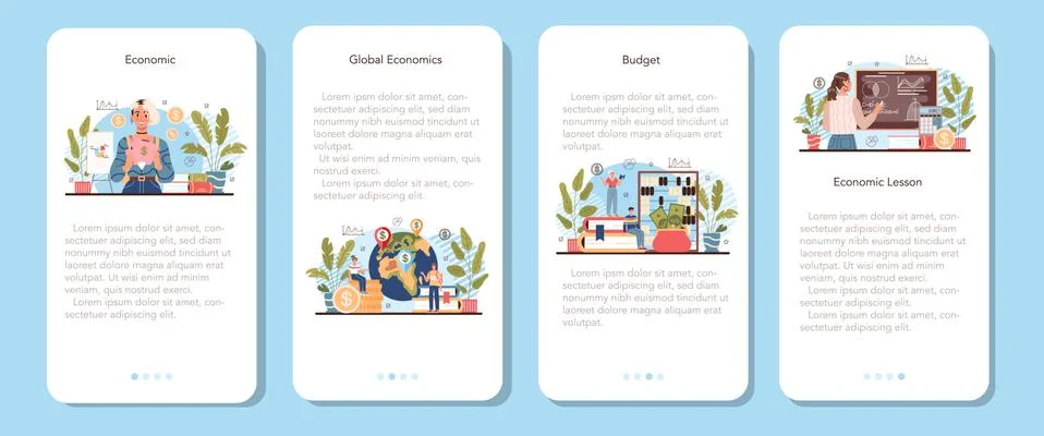 Economy school subject mobile application banner set. Student studying Stock Illustration