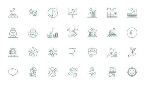 Economy Vector Icon Toolkit featuring 28 Grid Fitted High Resolution Thin L.. Stock Illustration