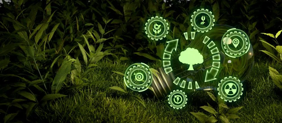 Ecosystem and digital technology concept lightbulb green Renewable, sustainab Stock Illustration