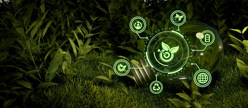 Ecosystem and digital technology concept lightbulb green ecological call to r Stock-Illustration