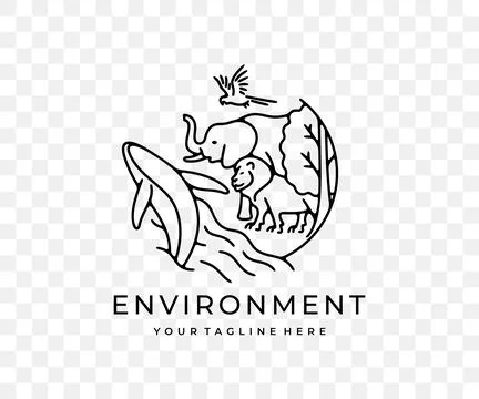 Ecosystem, animals, plants, fish and birds, linear graphic design Stock Illustration
