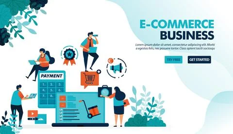 Ecosystem in e-commerce business. Starting choosing product, payment &amp; shippi Stock Illustration