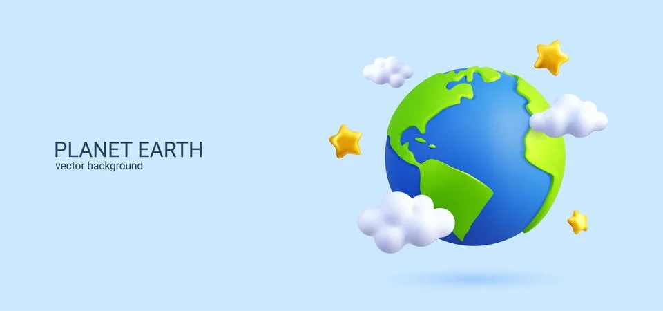 Ecosystem globe earth. Map 3d planet, star and clean clouds, ecology and Illustrazione stock