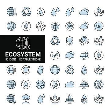 Ecosystem icons set with global warming, recycling, water drops, clouds, ha.. Stock Illustration