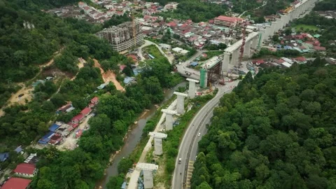 ECRL Construction Progress in Gombak Area Surrounded by Mountains Stock Footage 320752332