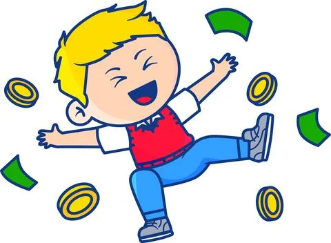 Ecstatic Boy Jumping in a Shower of Coins and Cash Stock Illustration