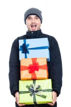 Ecstatic man with presents Stock Photos
