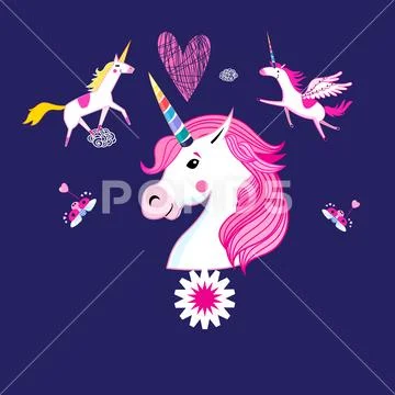 Ector cartoon set of unicorns and fabulous objects. Stock Illustration