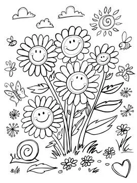 Ector cute black and white outlines happy daisy portrait with snail and butte Stock Illustration