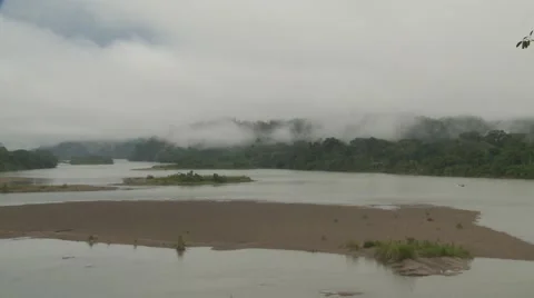 Ecuador, Amazon, Río Napo River w Sandbank, Outboard Boat Crosses River XLS Stock Footage 46079024