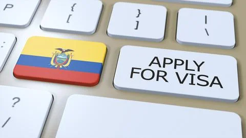 Ecuador, Apply for Visa Concept. Button Push 3D Illustration. Visa Apply for Illustrazione stock