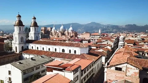 Ecuador Cuenca, drone flight over the city and over Holy Cenacle Church Stock Footage 90722531