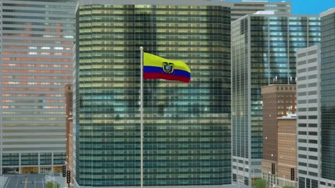 Ecuador Flag 3D Render Animation on Pole with Modern Business District Build Video stock 332878106