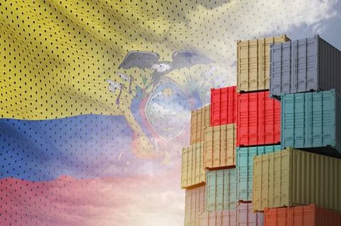 Ecuador flag and big stack of shipping cargo containers in docks with sky Stock Illustration