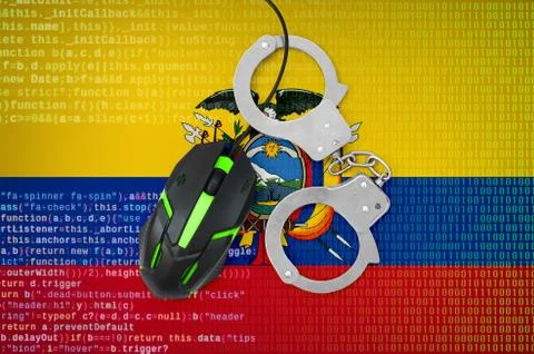 Ecuador flag  and handcuffed computer mouse. Combating computer crime, hacker Stock-Fotos