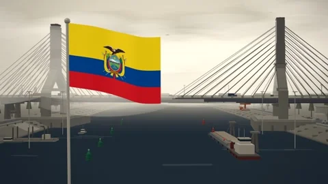 Ecuador Flag Flying Over Cable Stayed Bridge River seamless loop Stock Footage 345806788