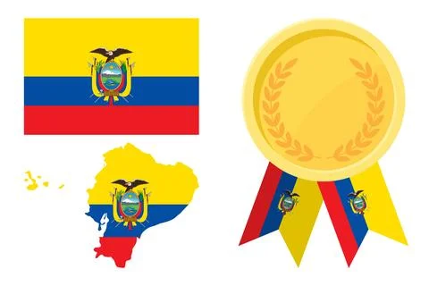 Ecuador flag with map and gold medal in set for web and banners or app and .. Stock Illustration