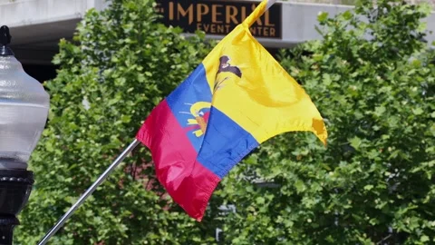 Ecuador flag waves before Imperial Event Center signage, green hedges, sunny Stock Footage 339019911