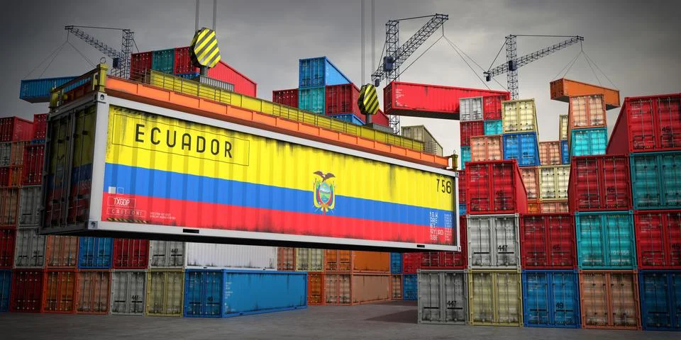 Ecuador - freight container in cargo terminal - 3D illustration Stock Illustration