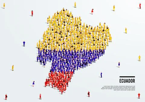 Ecuador Map and Flag. A large group of people in the Ecuador flag color. Stock Illustration