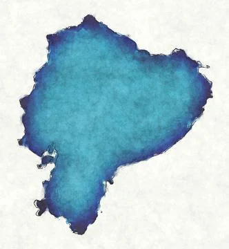 Ecuador map with drawn lines and blue watercolor illustration Ilustração Stock