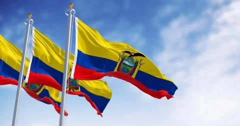 Ecuador national flags waving in the wind on a clear day Stock Illustration