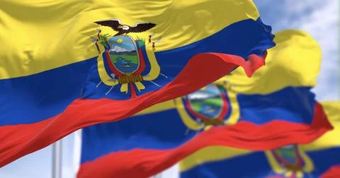 Ecuador national flags waving in the wind on a clear day Stock Illustration