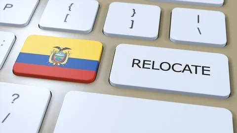 Ecuador Relocation Business Concept. 3D Illustration. Country Flag with Tex.. Stock Illustration