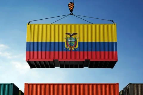 Ecuador trade cargo container hanging against clouds background Stock Photos