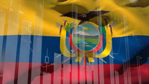 Ecuadorian flag waving under translucent financial charts mapping data trends in Stock Footage 308603105