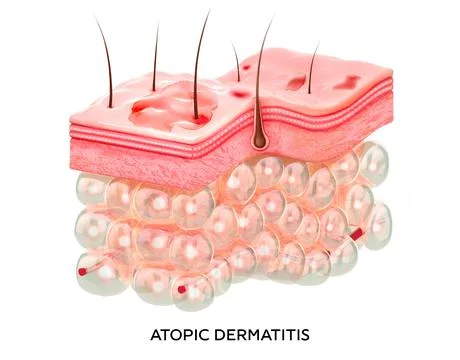 Eczema. 3d illustration of the cross-section of skin layers with atopic Stock Illustration