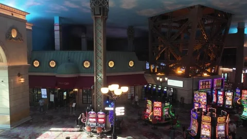 ED: LV, NV, US 8/25/25: Aerial View of Bustling Slot Machines in Paris Casino Stock Footage 318314830