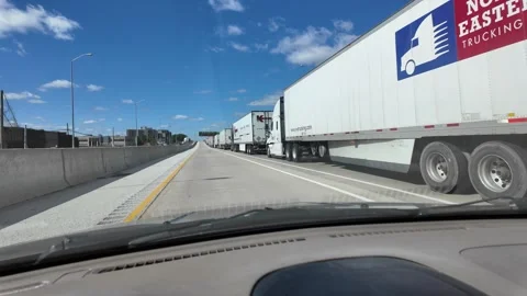 ED: Sarnia, ON, CA 10/01/2024: Driving Toward Blue Water Bridge With Many Trucks Stock Footage 342670165