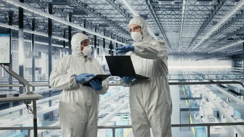 EDA engineers in microchip smart factory developing advanced electronics Stock Footage 333382423