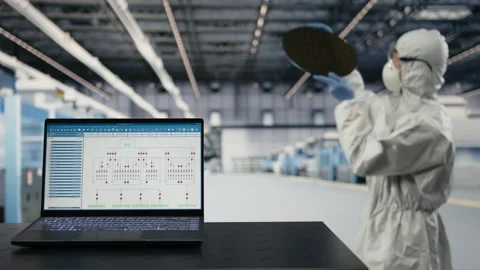 EDA software on laptop used by technician in semiconductor factory Video stock 333394259