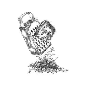 Edam cheese grated by kitchen grater equipment vector sketch, engraved hand Stock Illustration