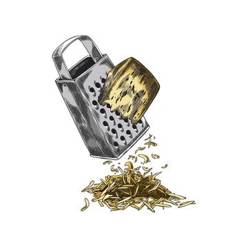 Edam cheese grated by kitchen grater equipment vector sketch, hand drawn healthy Stock Illustration