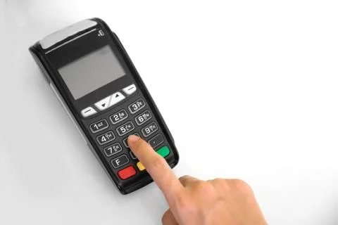 EDC ( electronic Data Capture) machine hand pressing password on 스톡 사진