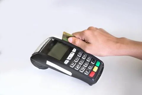 EDC ( electronic Data Capture) machine on white background, hand 스톡 사진