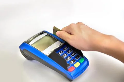 EDC ( electronic Data Capture) machine on white background, hand 스톡 사진