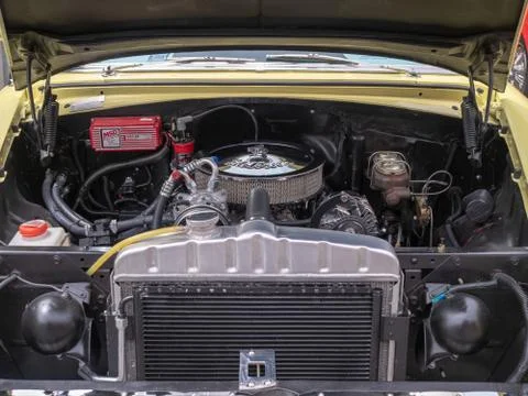 Edelbrock engine block sitting in a classic Chevy car Stock Photos