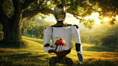Eden Artificial Intelligence Robot Offering the Fruit of Knowledge in a Lush Stock Footage 295156283