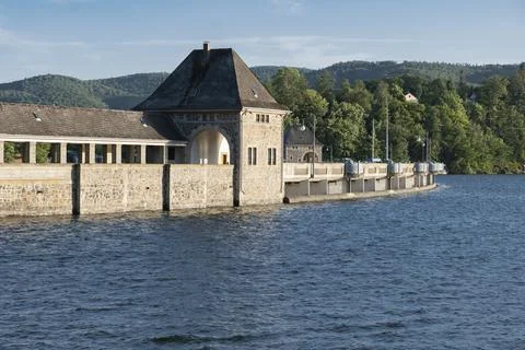 Edersee retaining wall in Germany. Renewable energy through hydropower Stock Photos