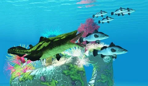 Edestus Shark attacks Barramundi Fish Stock Illustration