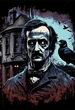 Edgar Alan Poe and in the background a creepy house Stock Illustration