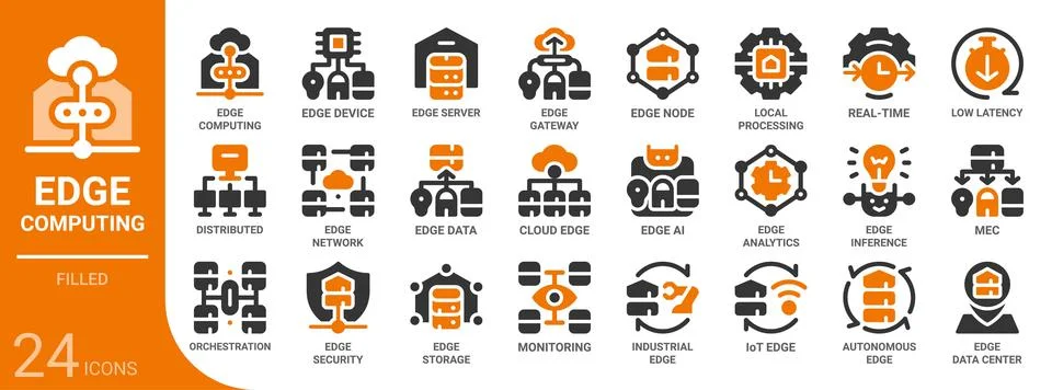 Edge computing filled glyphicon set,24 vector icons Stock Illustration