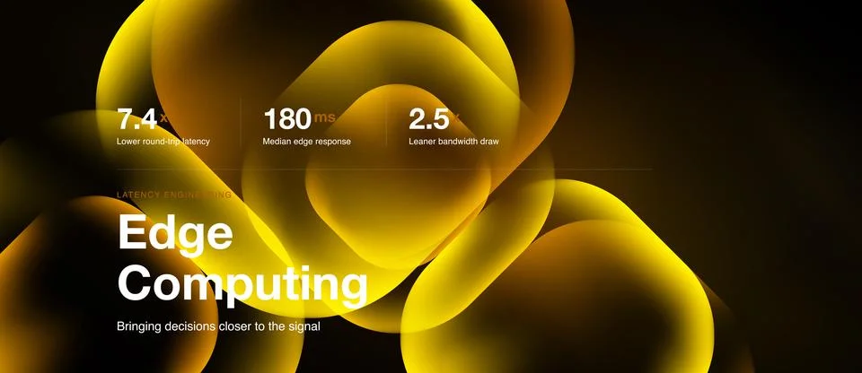 Edge computing presentation, golden glass squircles, slide with statistics Stock Illustration