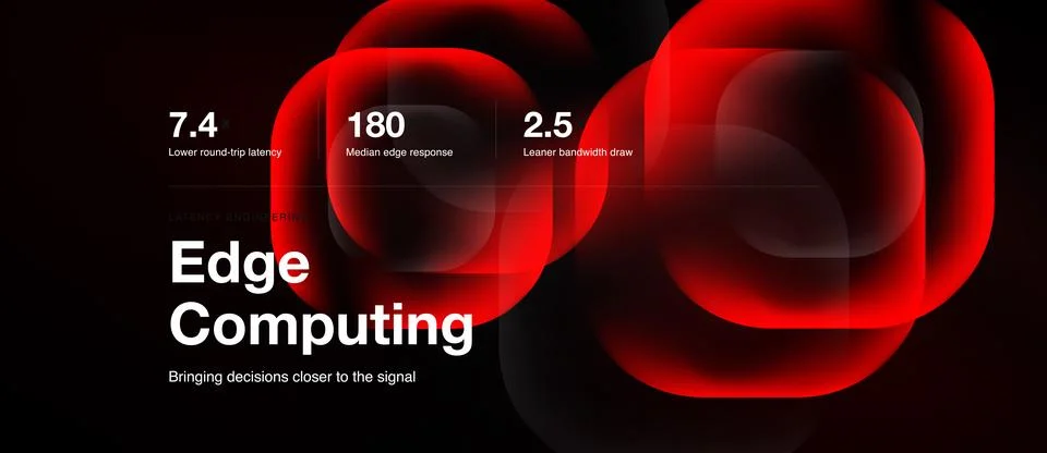 Edge computing presentation, red luminous rounded shapes, panoramic vector Stock Illustration